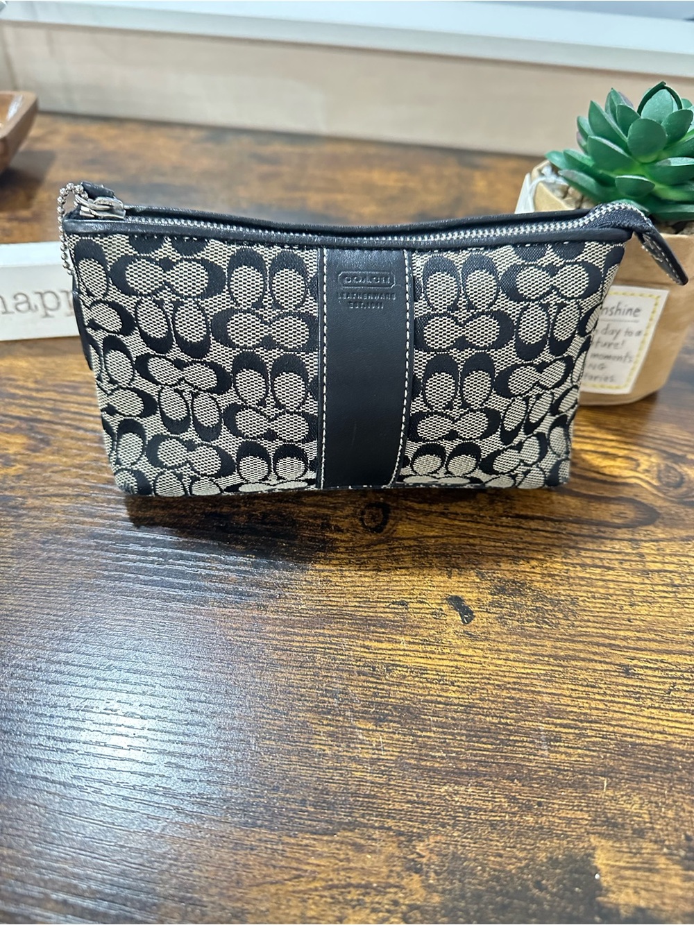 Coach Signature Jacquard Cosmetic Bag | Black & Khaki Mini Makeup Pouch - Picture 2 of 6